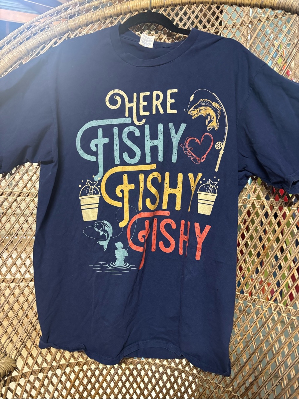 Navy "Here Fishy Fishy Fishy" Graphic T-Shirt - Fishing Theme